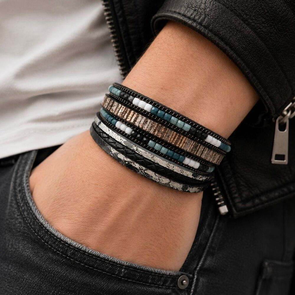 Black & White Multi-Strand Leather Beaded Boho Cuff Bracelet